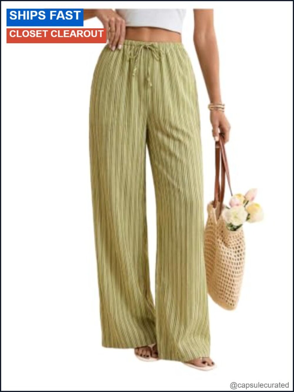 RoseSeek Women's Striped Wide Leg Palazzo Pants Drawstring Elastic Trousers